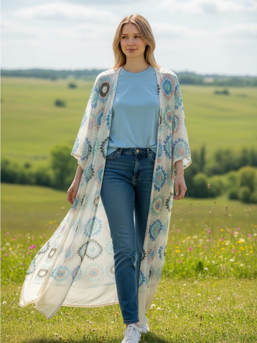 Origami New Lightweight Blue Floral Long Kimono Duster